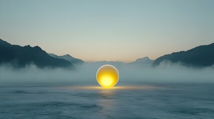 Poster - Ethereal and Glowing Orb Amidst a Misty Cosmic Landscape Evoking Subtle Motion and Minimalism in a Serene Space Setting