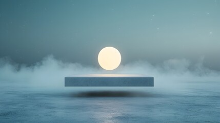 Poster - Serene floating orb emitting soft glowing light within a misty cosmic landscape showcasing a minimalist elegant design with a focus on motion and tranquility