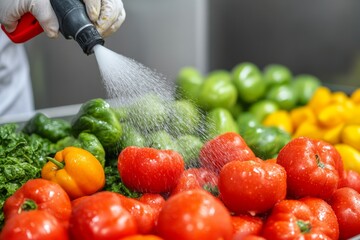 Wall Mural - Fresh vegetables being washed with water spray in a food preparation area.