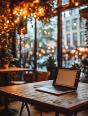 Poster - A laptop sits on a rustic wooden table in a cozy café filled with plants and warm lights during the evening hours. Generative AI
