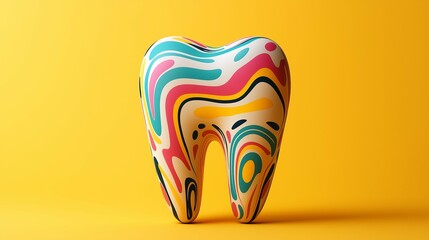 Colorful Tooth Shape with Abstract Design on Yellow Background