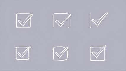 A set of modern illustration symbols that represent check boxes, exam marks, and checklist marks. Sketches of check signs, voting agreement checklist marks, and examination