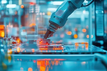Poster - Worker controlling robotic arm in an automated production line close up, focus on, copy space  Cool metallic tones, Double exposure silhouette with automation systems