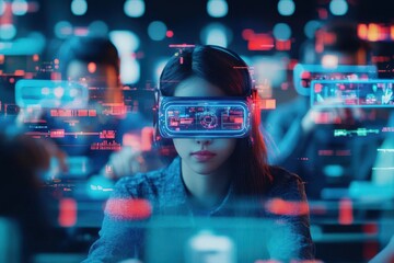 Poster - Team of remote workers collaborating through holographic touchscreens, with outsourcing tasks displayed in the background, Cyberpunk, Neon, Vibrant colors