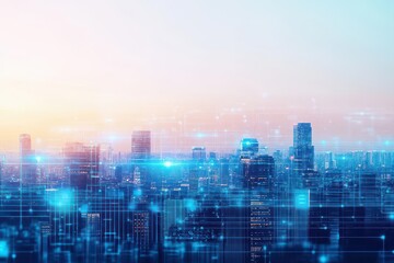 Fototapete - Modern futuristic skyline, digital circuitry linking buildings, holographic interfaces, sleek metallic architecture