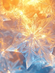 Poster - Glowing snowflake shapes shimmer with icy hues of blue and gold, evoking a magical winter atmosphere filled with sparkling light. Generative AI