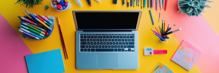 Leinwandbilder - A lively workspace showcases a laptop accompanied by various art supplies and stationery on a colorful desk during daylight. Generative AI