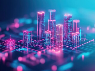 Poster - Digital skyline, holographic interfaces, neonlit skyscrapers, seamless architecture, hyperconnected smart city