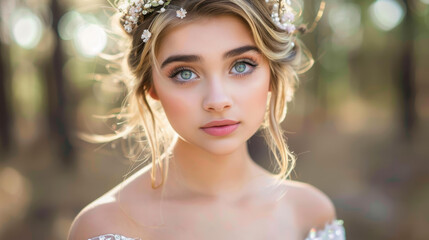 Canvas Print - A stunning young model in a purple ball gown and flower crown poses gracefully in a sunlit pine forest.