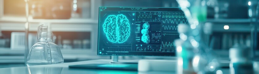 Aufkleber - AI analyzing medical data on a holographic display, midrange shot, dim futuristic lab setting, blue and green tones