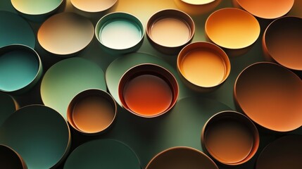 Aufkleber - A collection of circular tea cups in rich brown and green tones is artfully arranged, evoking warmth and inviting conversation. Generative AI