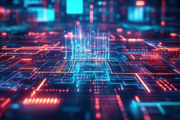 Poster - Abstract architecture, digital circuits connecting structures, holographic displays, neon glow, futuristic concept