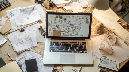 Aufkleber - An organized yet chaotic desk filled with sketches, design materials, and a laptop showing ongoing work during a creative session. Generative AI
