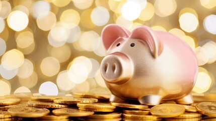 Save your wealth with a piggy bank surrounded by shining gold coins, symbolizing smart finance and saving strategies.