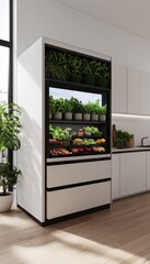 Canvas Print - Modern refrigerator filled with fresh vegetables and herbs in a kitchen setting.