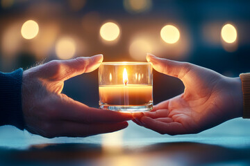 Two hands holding a candle in a glass