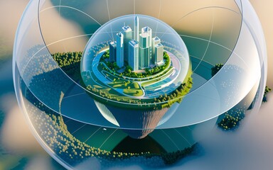 Wall Mural - 3d render of a futuristic, sustainable cityscape encapsulated within a tranquil, spherical environme