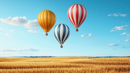 Colorful hot air balloons soaring over golden wheat fields under a clear blue sky.