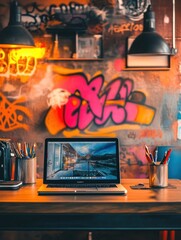 Aufkleber - A modern workspace features a laptop on a wooden desk, complemented by vibrant graffiti art and organized stationery in stylish containers. Generative AI
