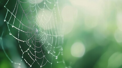    a spider web with dewed-up droplets and a verdant leafy background