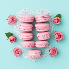 Poster - Pink macarons arranged with roses on a light blue background.