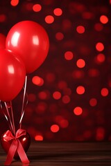 Poster - Red balloons with a ribbon on a wooden surface and blurred background.