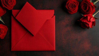 Wall Mural - Red envelopes and roses on a dark background, suggesting romance or celebration.