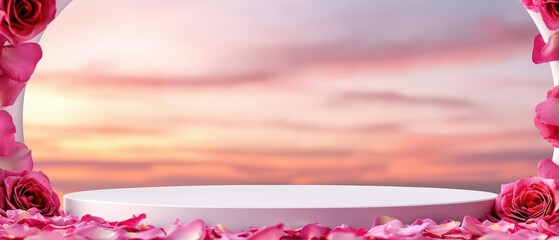 Elegant wedding backdrop with pink roses and petals against a colorful sunset sky.