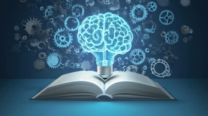 Fototapete - An open book sits on a flat surface, with a bright brain-shaped light bulb glowing above it, surrounded by intricate gears, symbolizing ideas. Generative AI