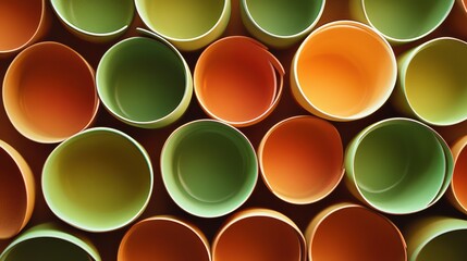 Aufkleber - A variety of circular tea cups in warm brown and green tones are arranged closely, creating a cheerful and inviting display. Generative AI
