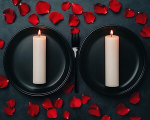 Canvas Print - Romantic dinner setting with candles and rose petals.