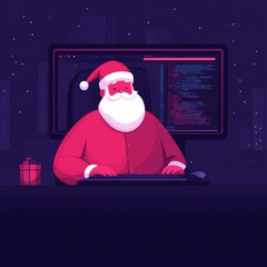 Poster - Santa Claus coding at a computer with a festive atmosphere.