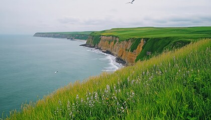 Wall Mural - Scenic coastal view with cliffs, greenery, and calm sea.