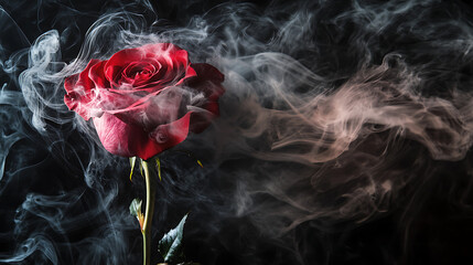 Leinwandbilder - Red rose wrapped in smoke swirl on black background