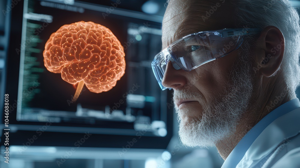 Scientist examining a 3D brain model on a screen, showcasing ...