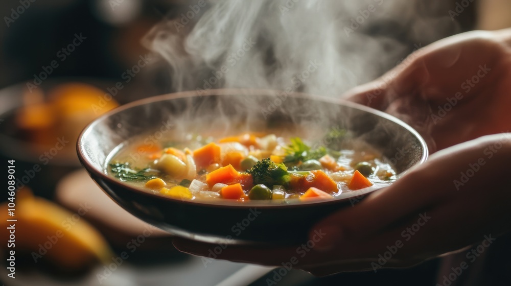 A steaming bowl of fresh vegetable soup