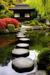 Canvas Print - Serene garden with stepping stones leading to a traditional building.