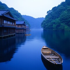 Wall Mural - Serene lakeside scene with wooden houses and a boat in tranquil waters.