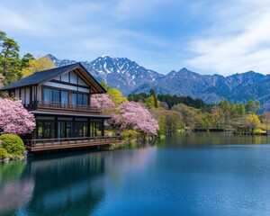 Wall Mural - Serene lakeside view with cherry blossoms and mountains in the background.