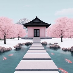 Wall Mural - Serene landscape featuring a pink building surrounded by cherry blossoms and water.