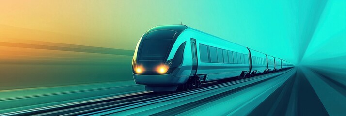 Poster - A sleek train icon glides along tracks, showcasing minimalist design against a serene backdrop of a vibrant sunset. Generative AI