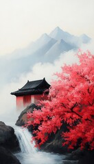 Wall Mural - Serene landscape featuring a traditional building, cherry blossoms, and mountains.