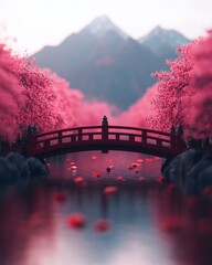 Wall Mural - Serene landscape with a red bridge surrounded by cherry blossom trees.