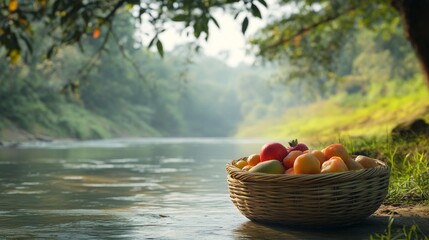 An empty scene featuring blank mockup template of a traditional bamboo basket filled with fruits and sweets placed beside a riverbank,