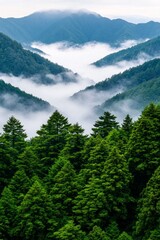 Wall Mural - Serene mountain landscape with lush trees and misty valleys.