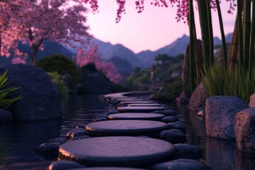 Wall Mural - Serene path through a tranquil landscape with cherry blossoms and mountains.