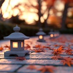 Wall Mural - Serene pathway adorned with lanterns and autumn leaves.