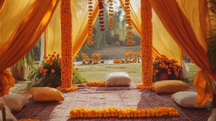 Wall Mural - an empty scene featuring blank mockup template of a riverside tent decorated with marigold garlands 