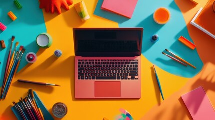 Leinwandbilder - The vibrant workspace features a laptop in the center, surrounded by paintbrushes, markers, and colorful papers, inspiring creativity. Generative AI
