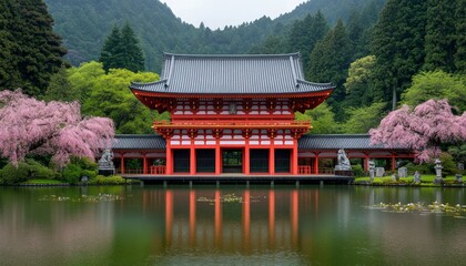 Wall Mural - Serene traditional building surrounded by cherry blossoms and a tranquil pond.